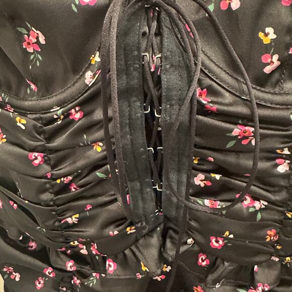 For Love and Lemons Pansy Floral Black Satin Lace Mini Dress Ruched Bodycon Club - Picture 5 of 11